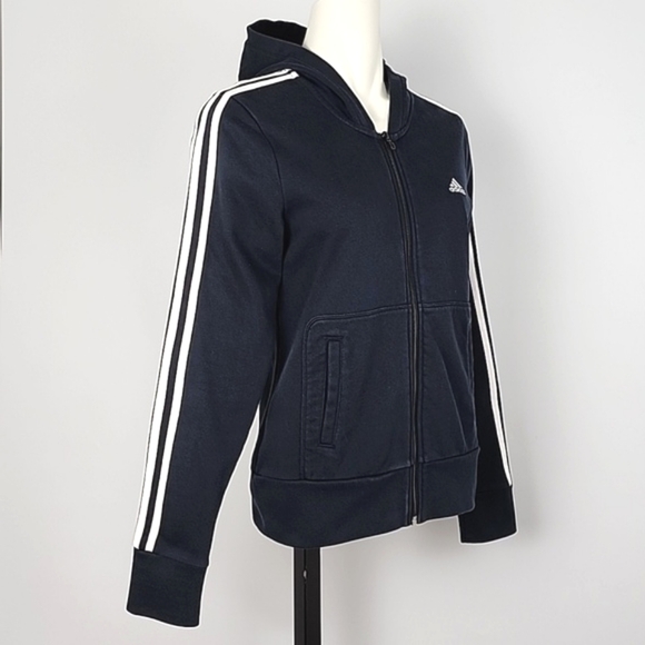 Adidas Women's Navy White Full  Zip Hoodie 3 Stripes Pockets Size Medium - Picture 2 of 13